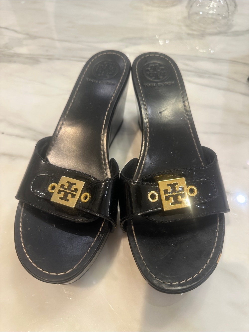 Tory Burch Black Patent Leather Slide Mules with Gold Logo Plaque